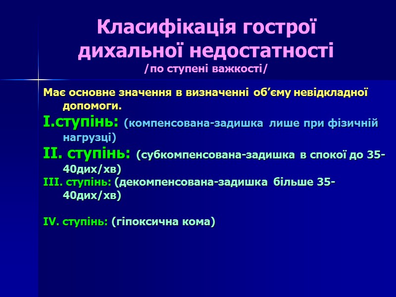 Класифікація гострої дихальної недостатності /по ступені важкості/ Має основне значення в визначенні об’єму невідкладної